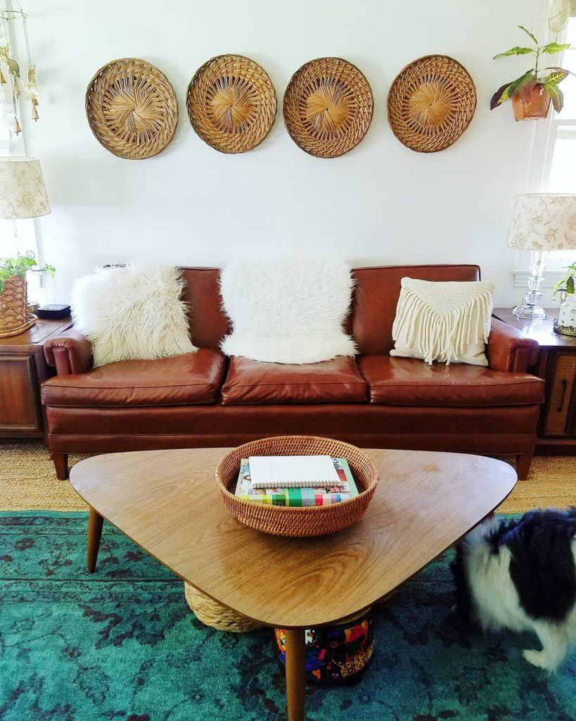 Sustainably Furnish A Home- A vintage coffee table from craigslist and a sofa from an old church